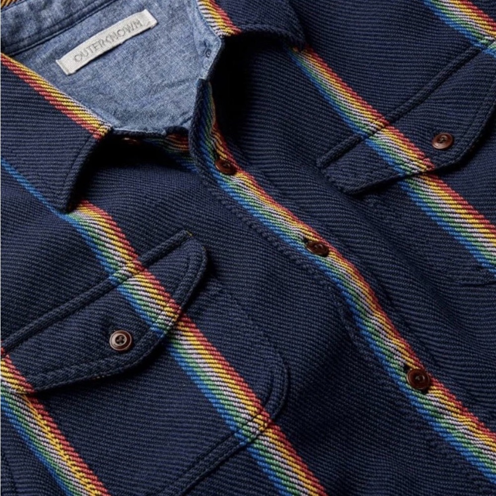 New Outerknown Blanket Shirt Mens Medium Blue Rainbow Stripe Organic Cotton-$148 - Picture 3 of 14